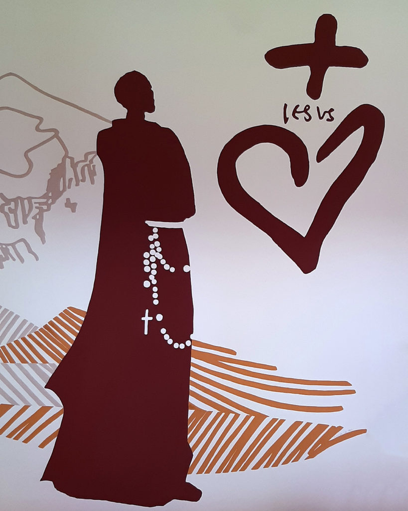 Saint Charles de Foucauld, entre dunes et montages du désert du Hoggar (Algérie)
Détails d'une fresque en peintures à l'ocre réalisée à l'aumônerie du collège et lycée Charles de Foucauld, Brest.